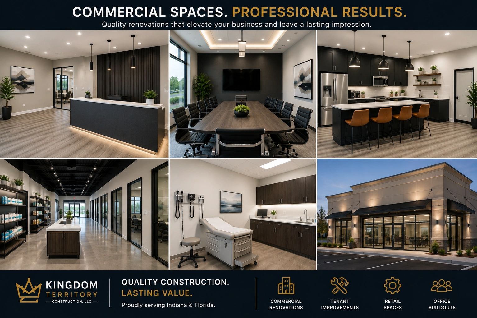 Commercial renovation concepts including reception, office, retail, medical, and exterior spaces